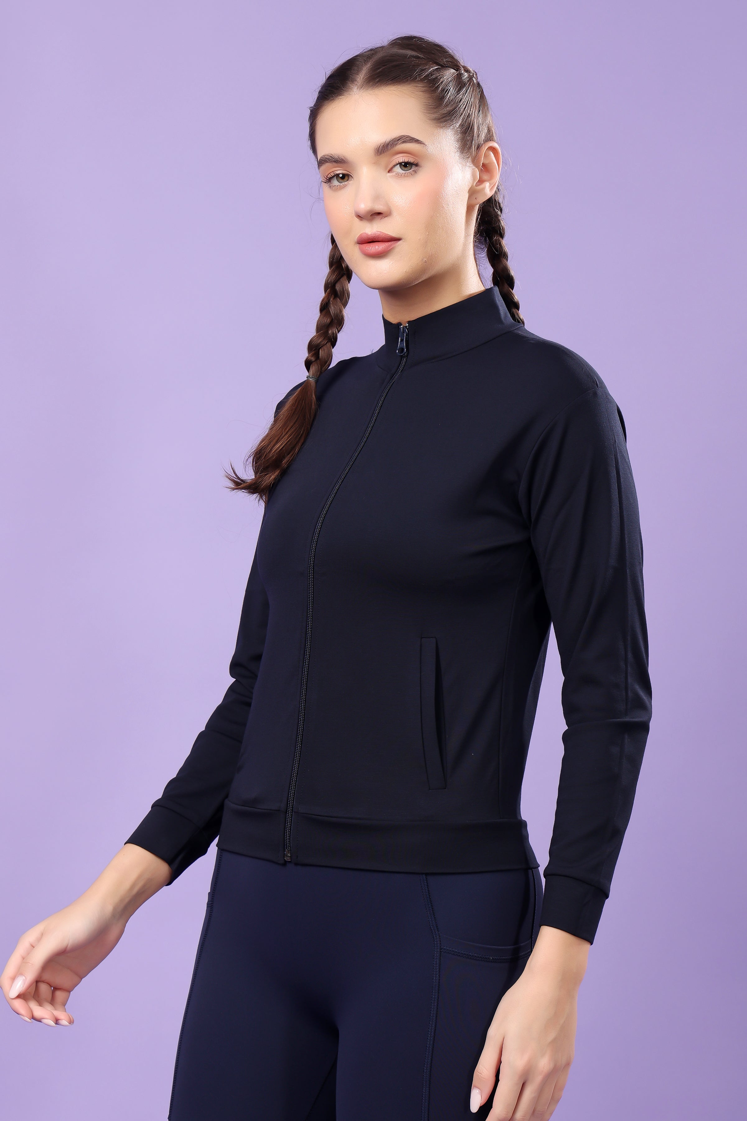 Elegant Navy Stand Collar Track Jacket